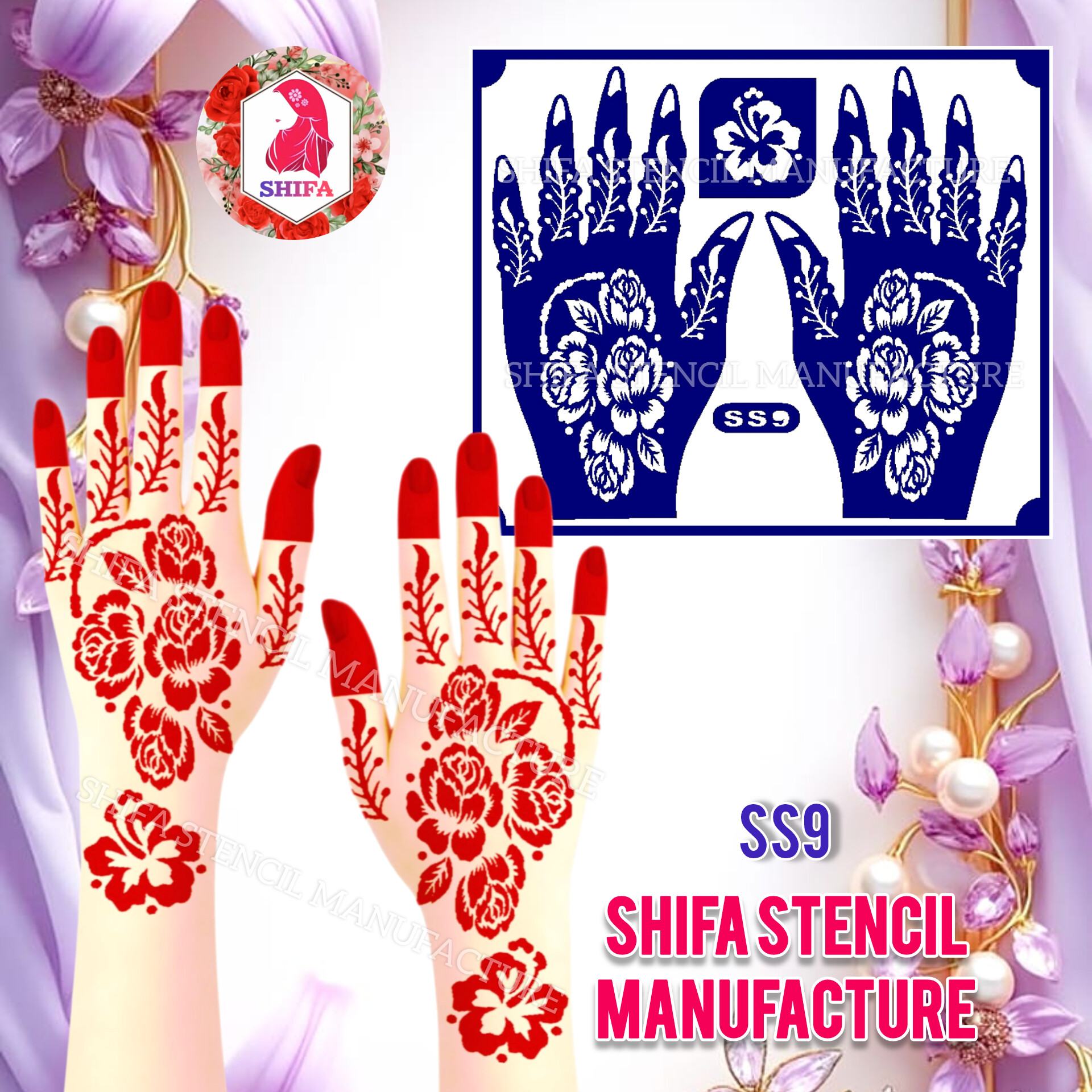SS9 Beautiful Rose Patterned Arabic Design  Sticker Overview  Henna Stencil - Shifa Stencil